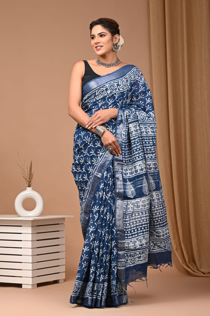 LINEN COTTON HAND BLOCK PRINTED SAREE -24
