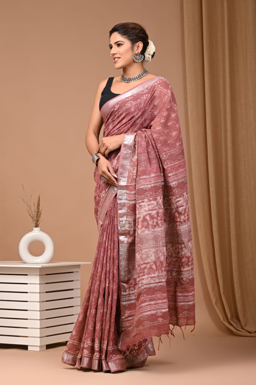 LINEN COTTON HAND BLOCK PRINTED SAREE -24