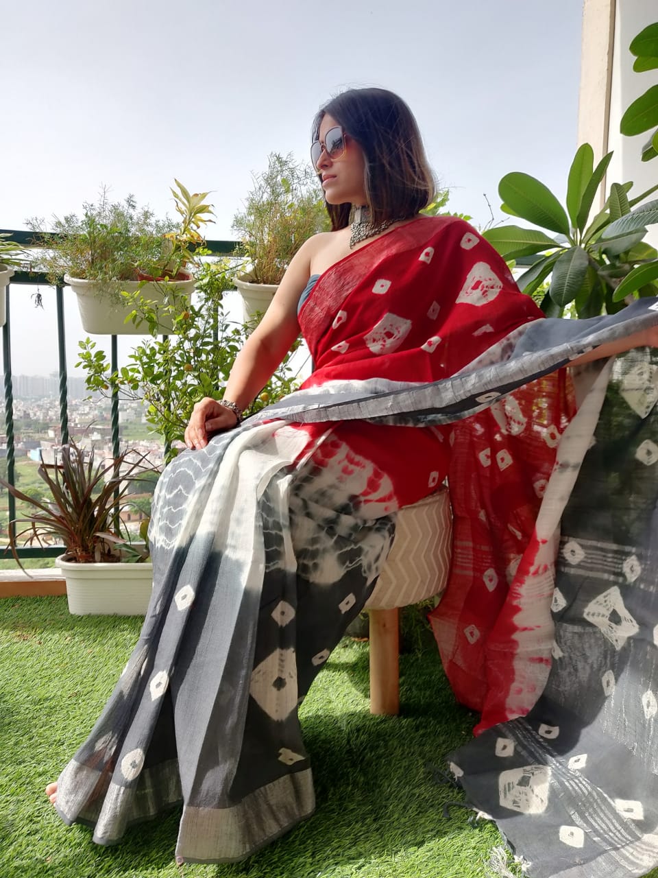 LINEN COTTON HAND BLOCK PRINTED SAREE -24
