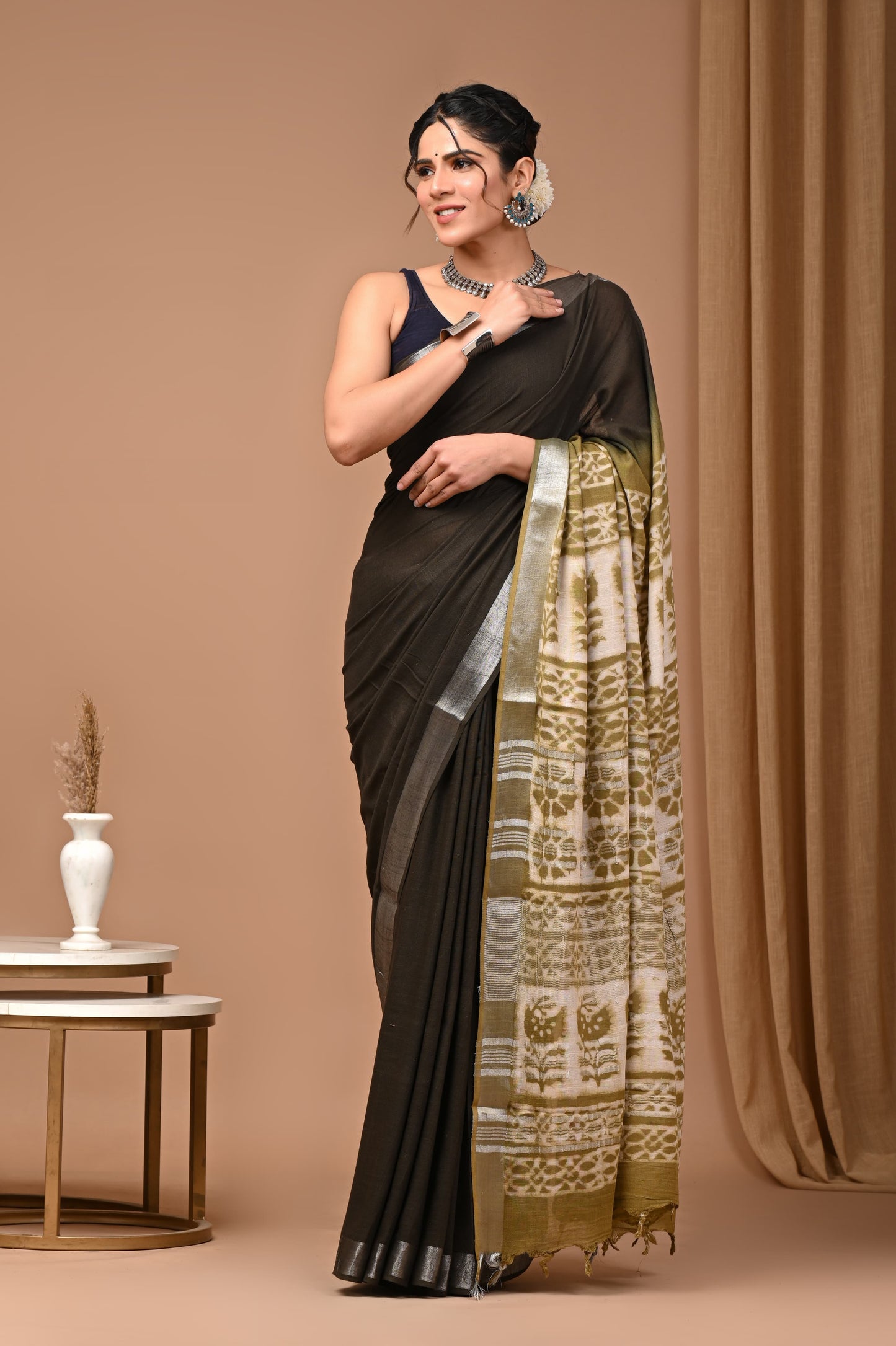 LINEN COTTON HAND BLOCK PRINTED SAREE -24