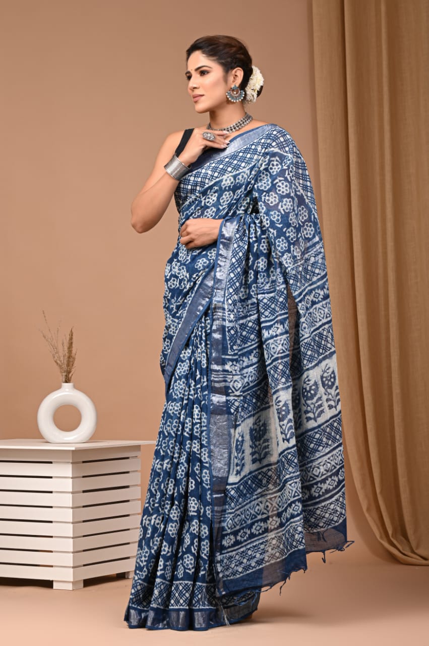 LINEN COTTON HAND BLOCK PRINTED SAREE -24