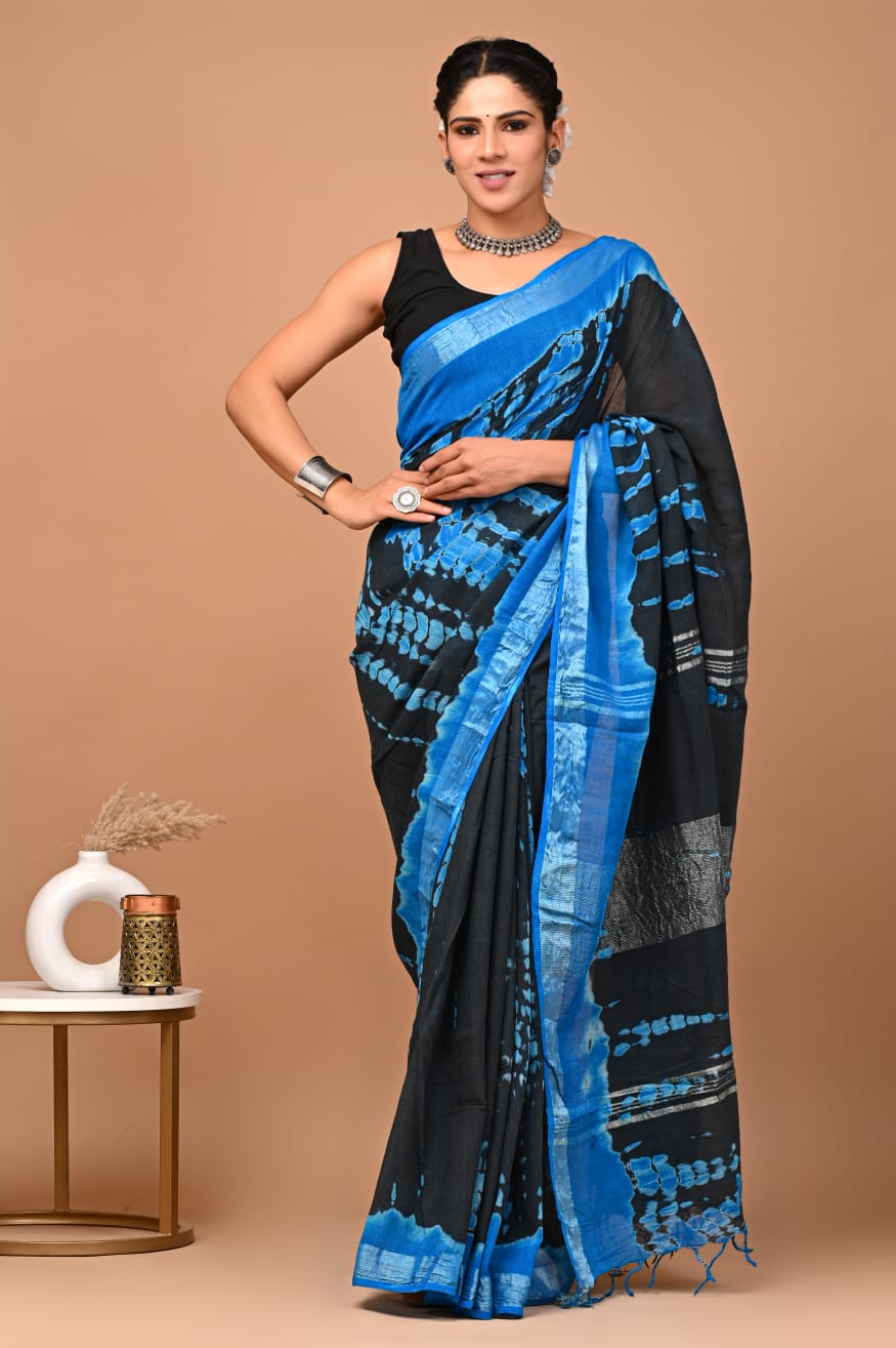 LINEN COTTON HAND BLOCK PRINTED SAREE -24