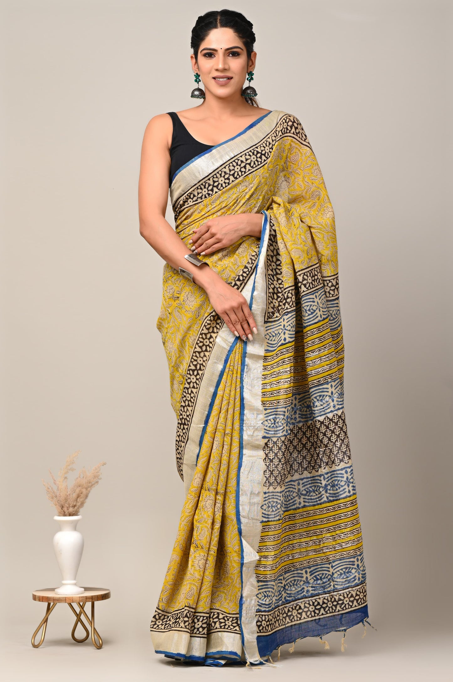LINEN COTTON HAND BLOCK PRINTED SAREE -24