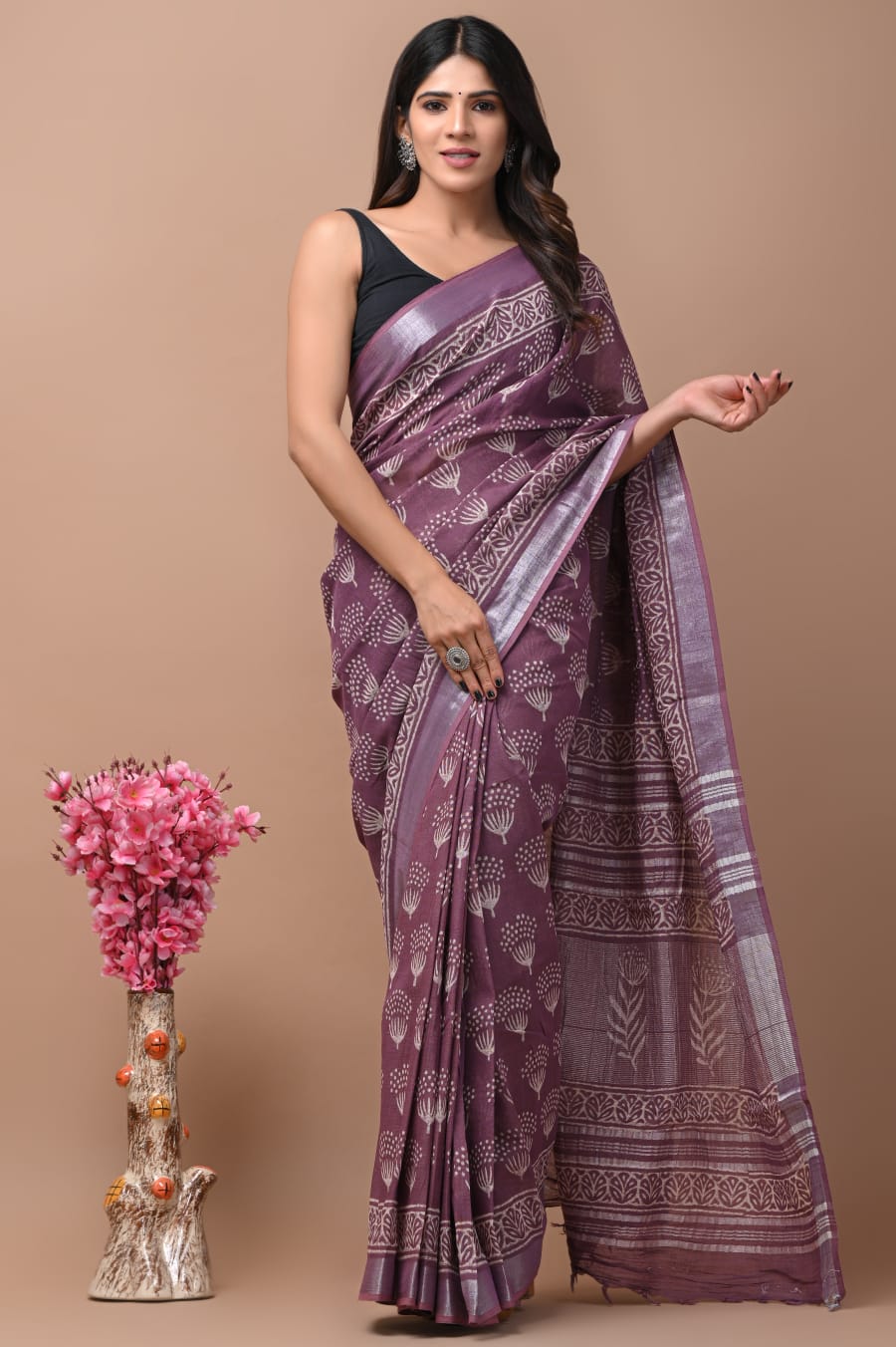 LINEN COTTON HAND BLOCK PRINTED SAREE -24