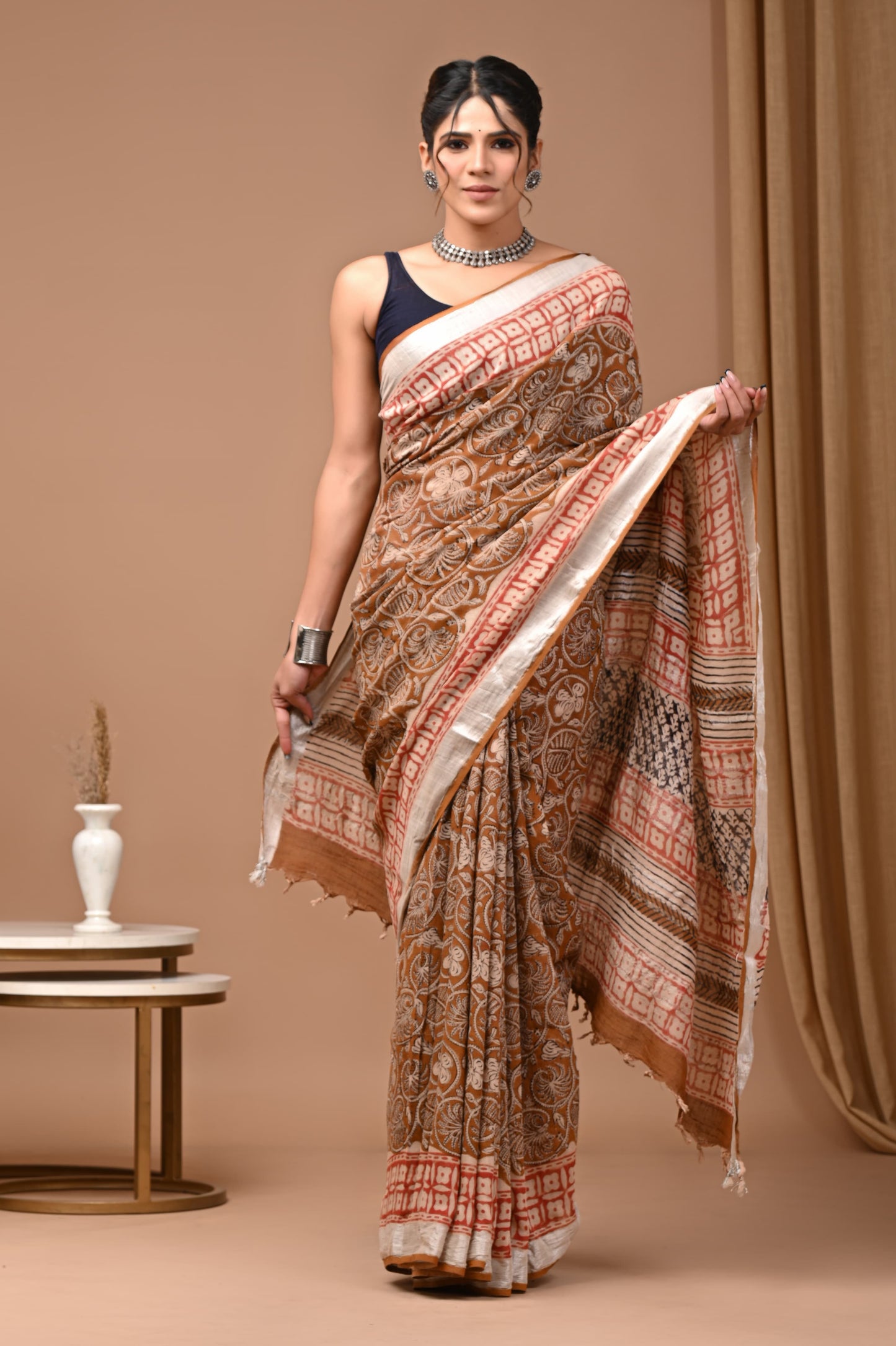 LINEN COTTON HAND BLOCK PRINTED SAREE -24