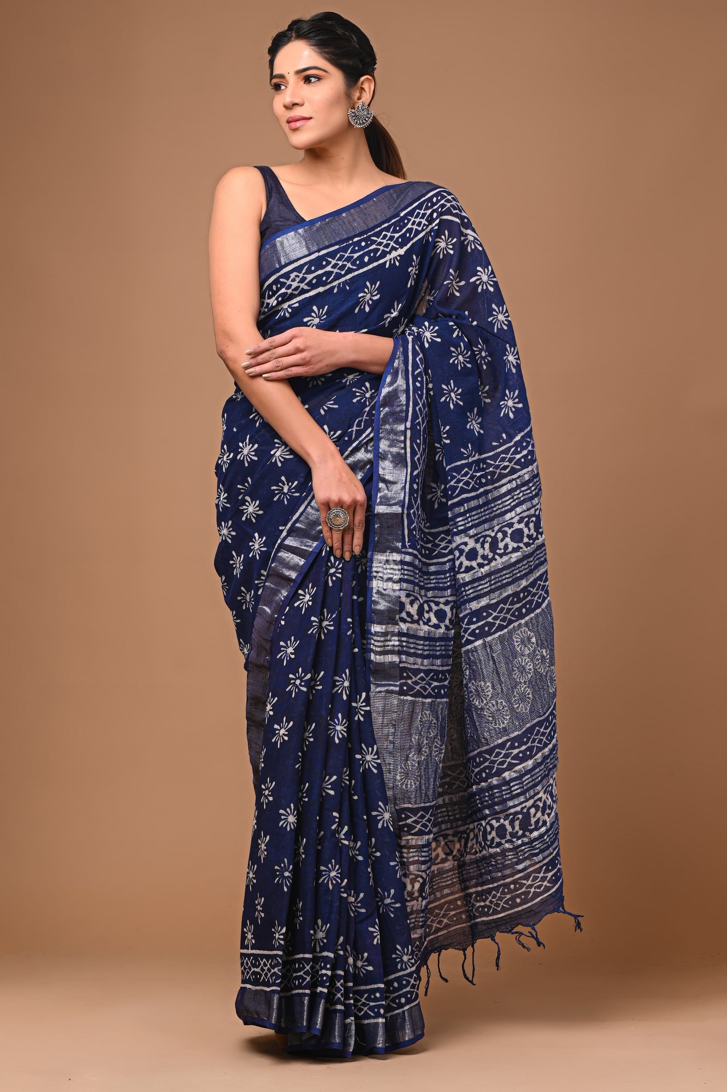 LINEN COTTON HAND BLOCK PRINTED SAREE -24