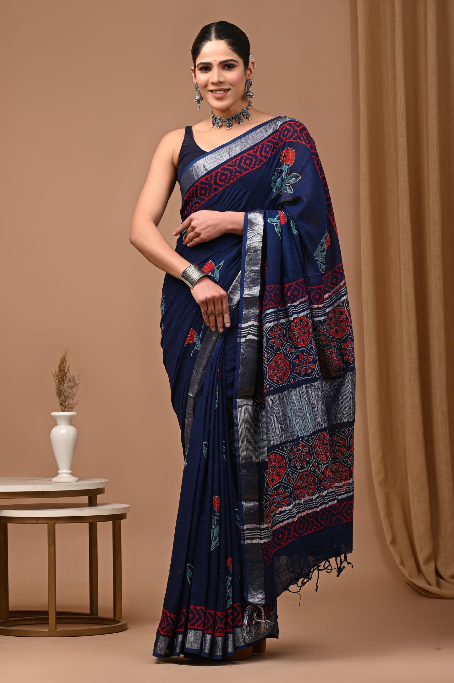 LINEN COTTON HAND BLOCK PRINTED SAREE -24