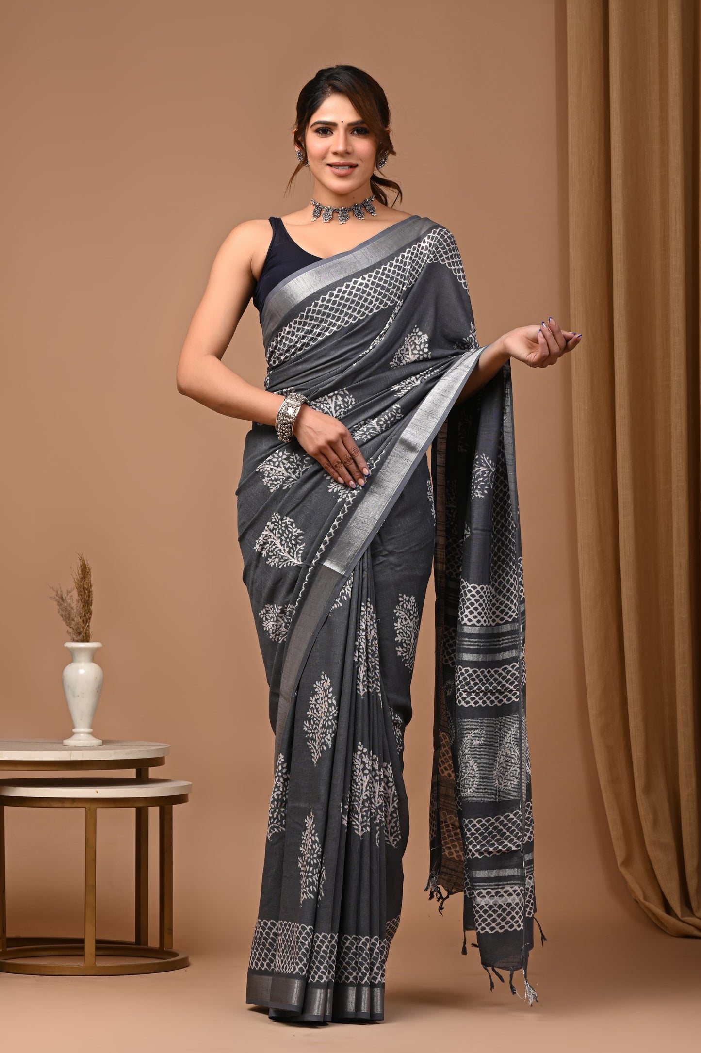 LINEN COTTON HAND BLOCK PRINTED SAREE -24
