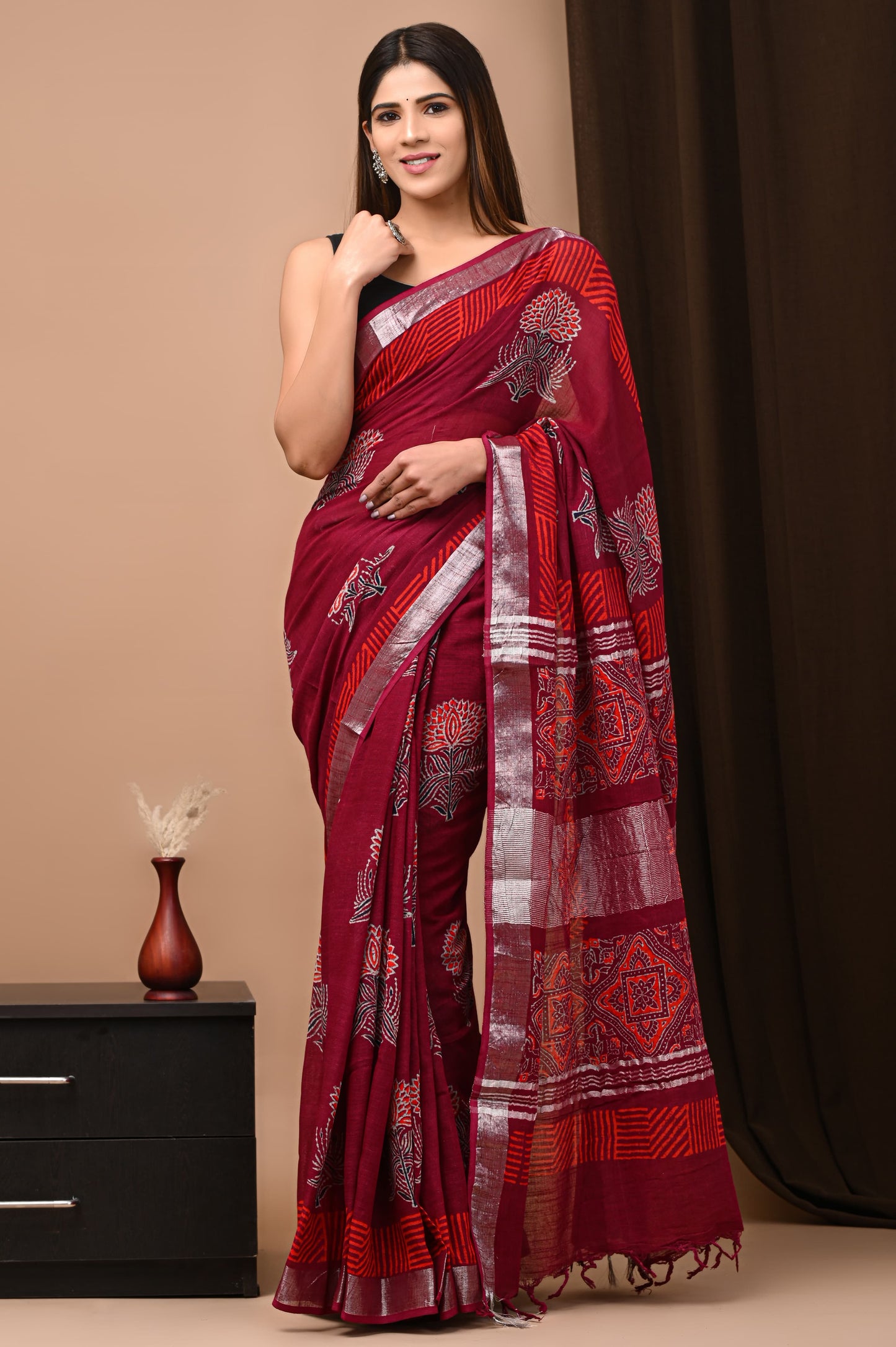 LINEN COTTON HAND BLOCK PRINTED SAREE -24