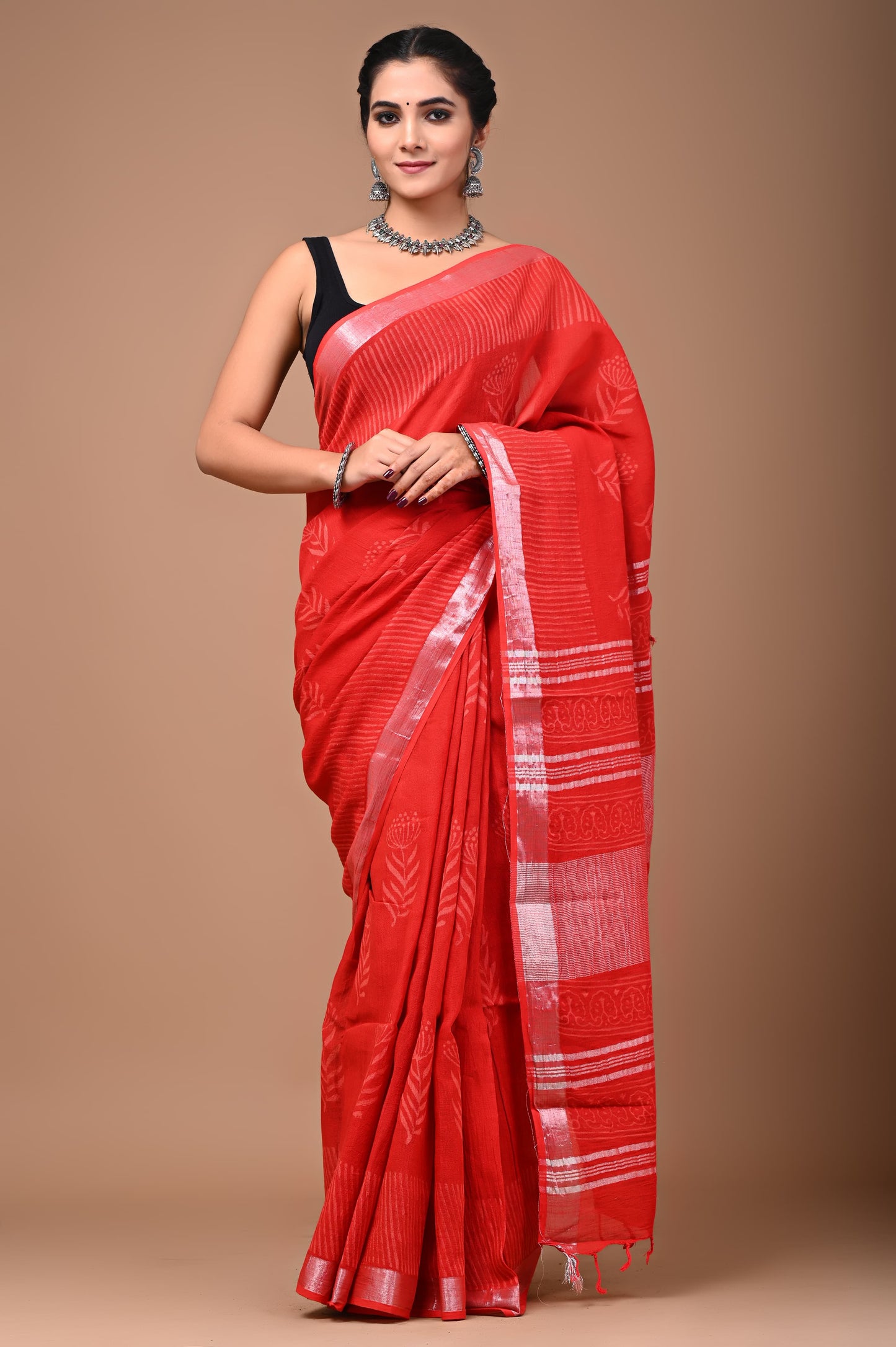 LINEN COTTON HAND BLOCK PRINTED SAREE -24