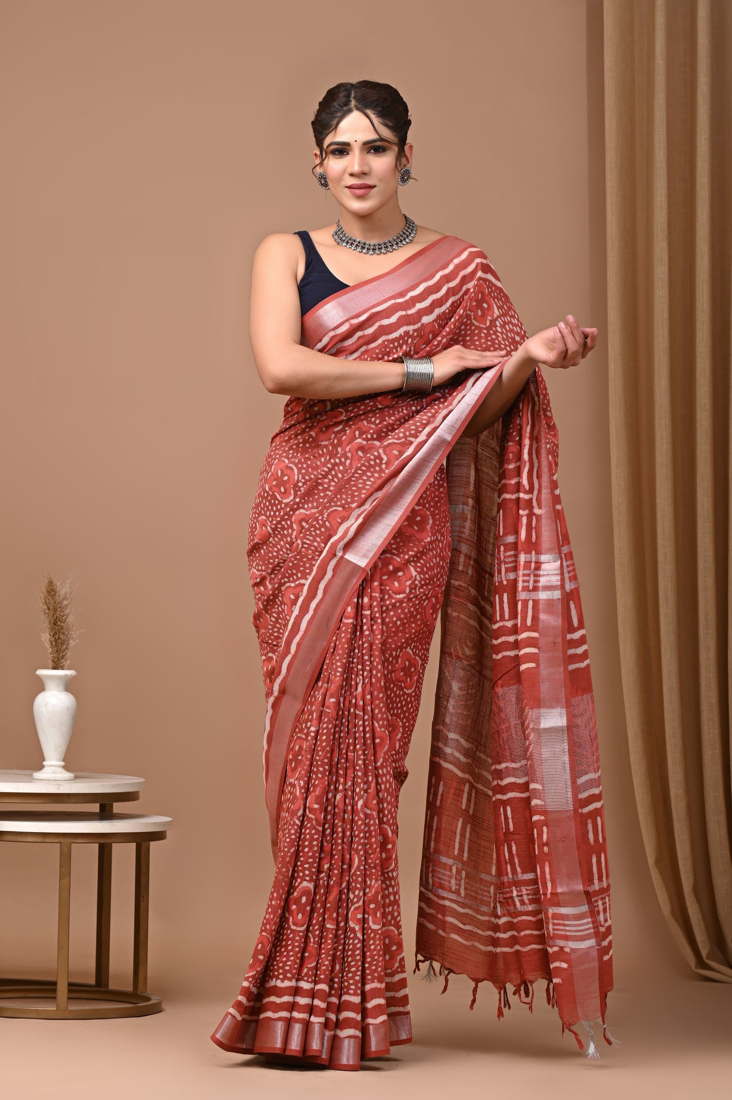 LINEN COTTON HAND BLOCK PRINTED SAREE -24