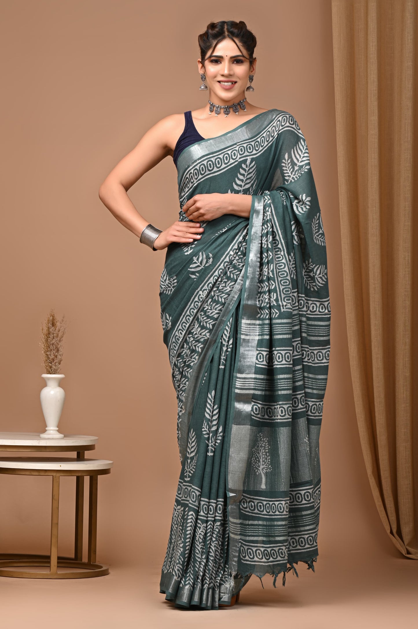 LINEN COTTON HAND BLOCK PRINTED SAREE -24
