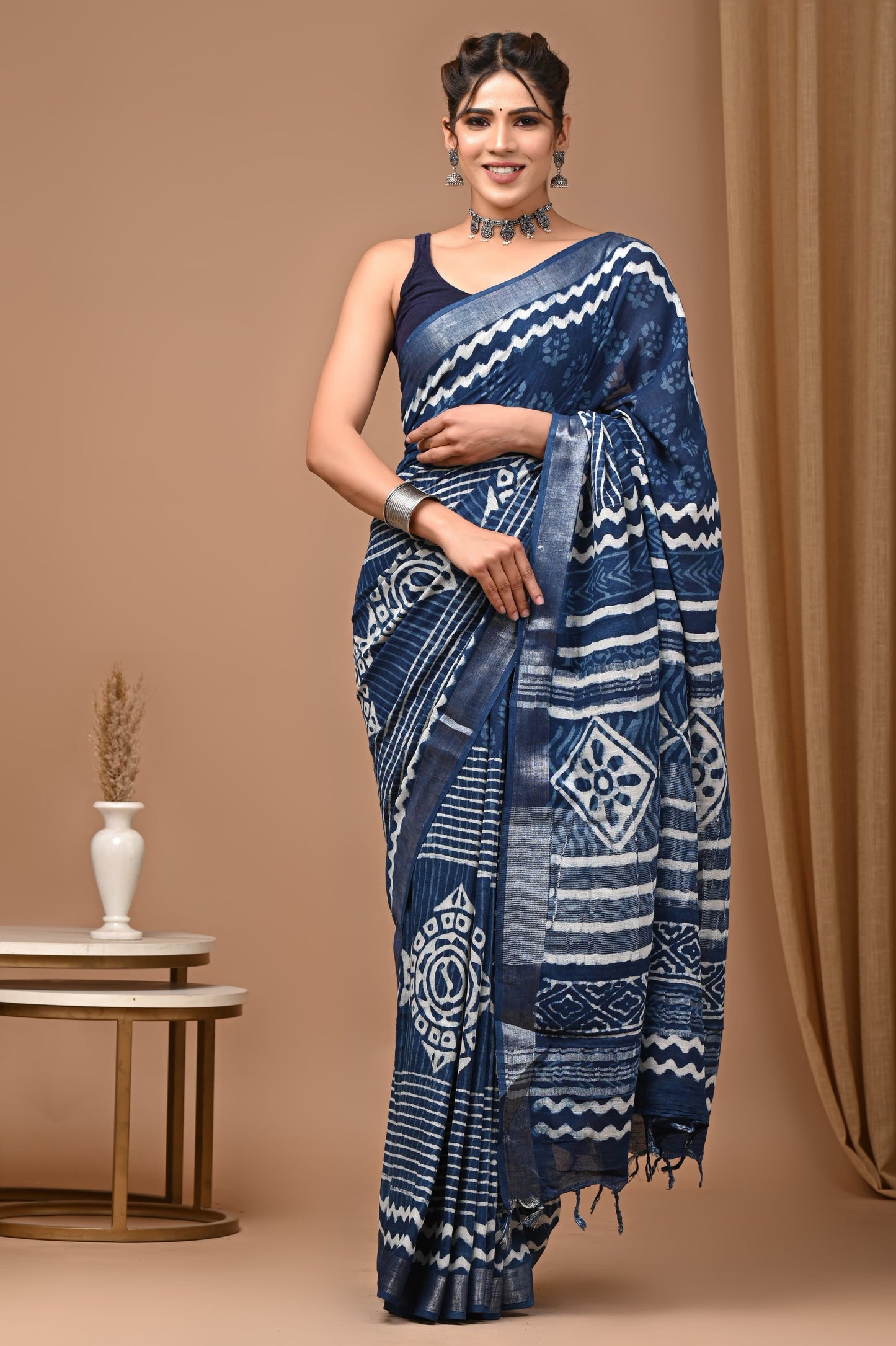LINEN COTTON HAND BLOCK PRINTED SAREE -24