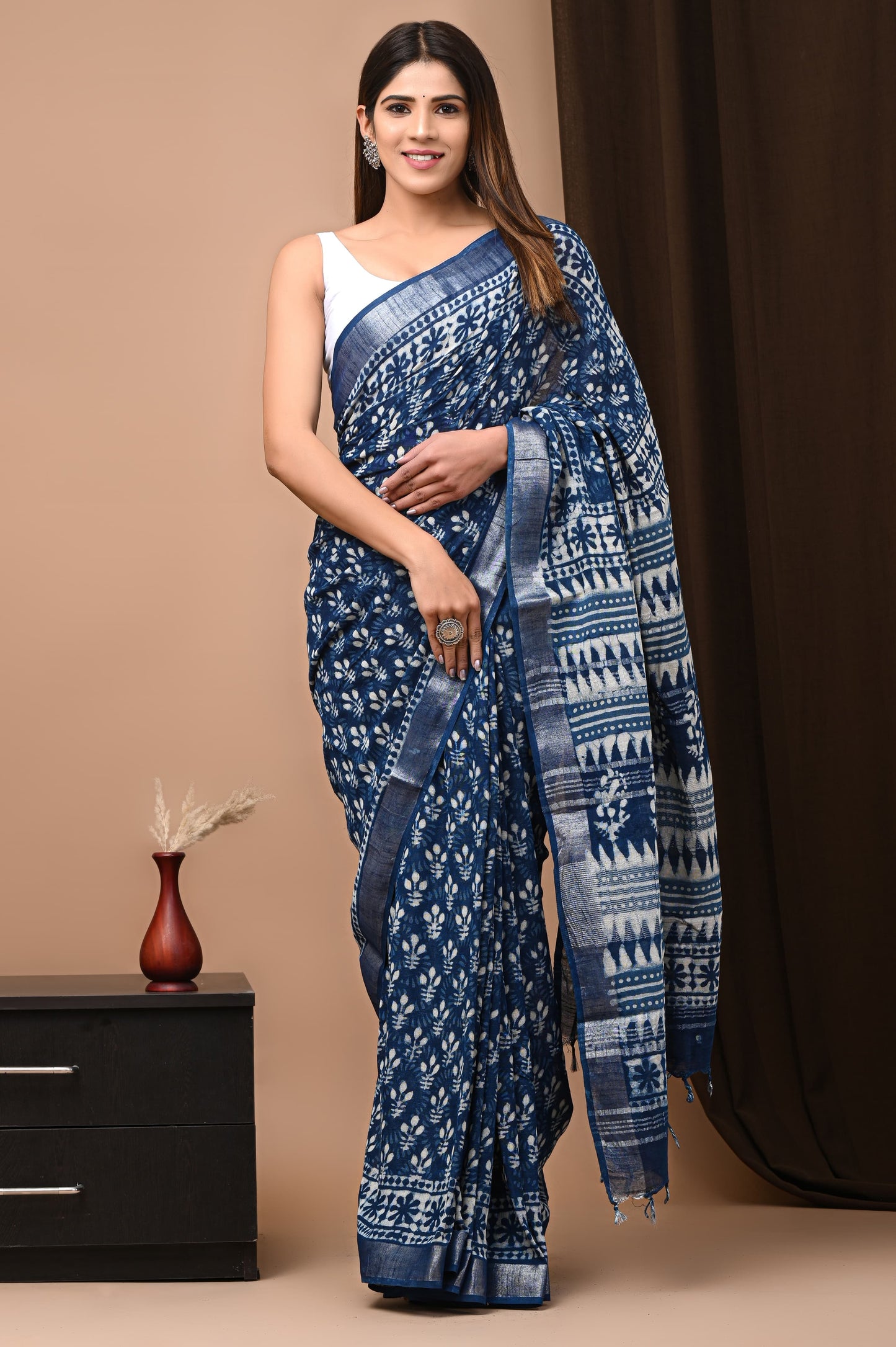 LINEN COTTON HAND BLOCK PRINTED SAREE -24