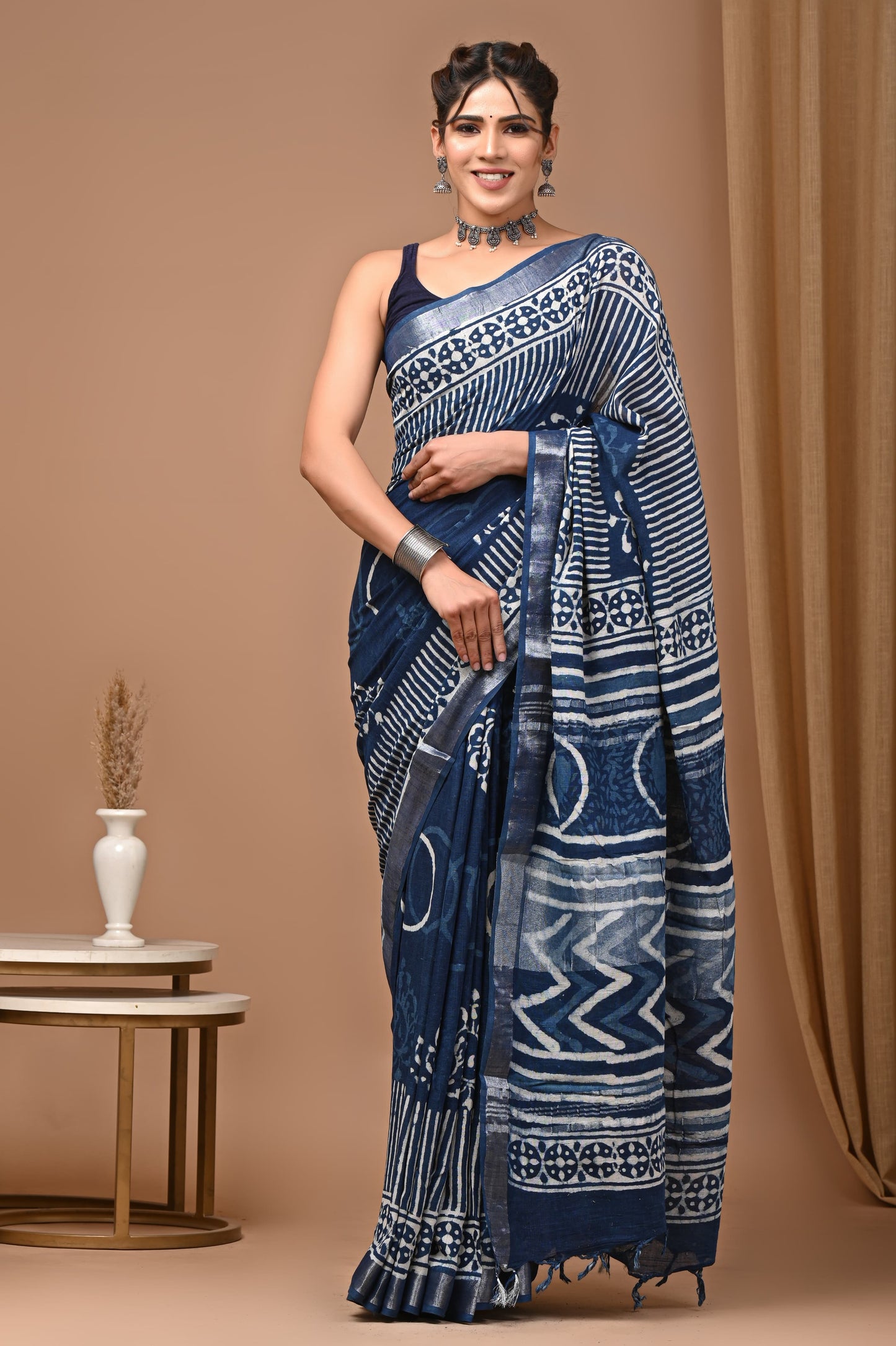LINEN COTTON HAND BLOCK PRINTED SAREE -24