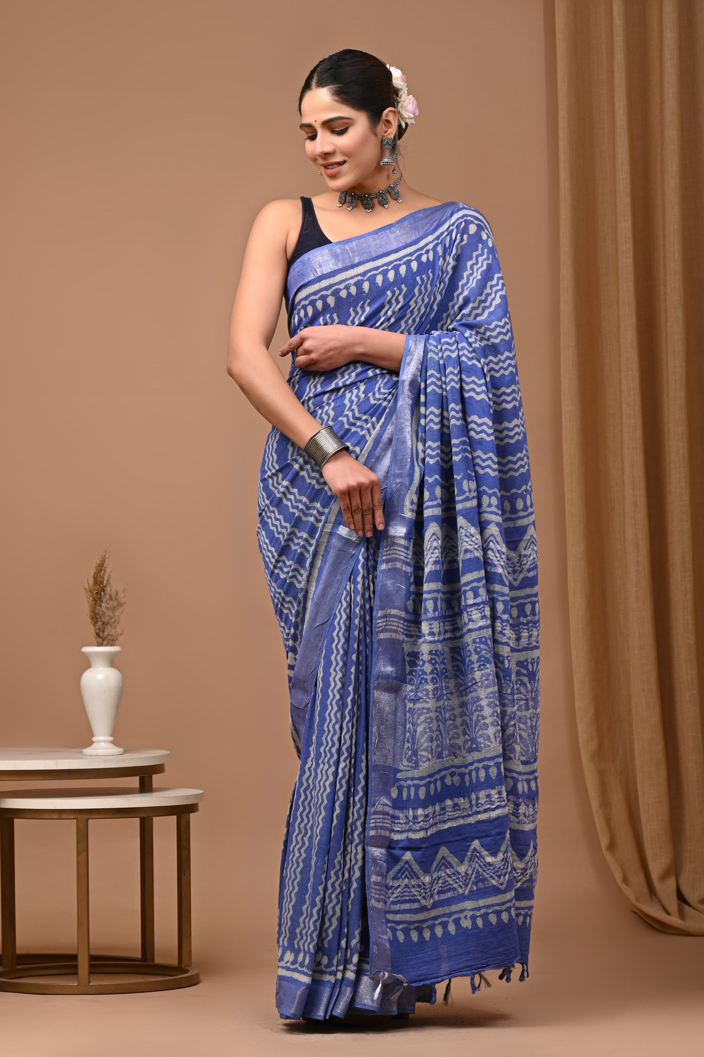 LINEN COTTON HAND BLOCK PRINTED SAREE -24