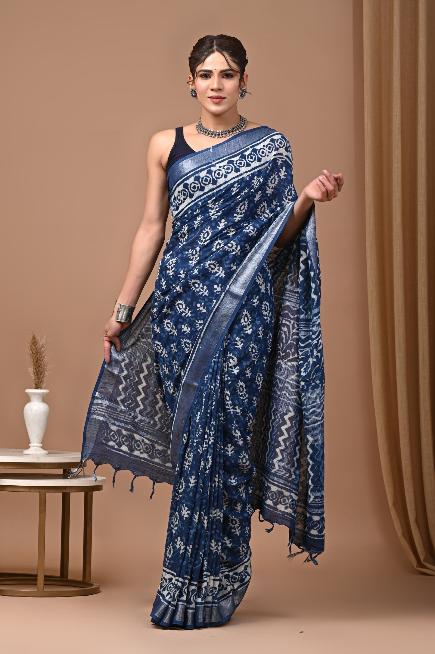 LINEN COTTON HAND BLOCK PRINTED SAREE -24