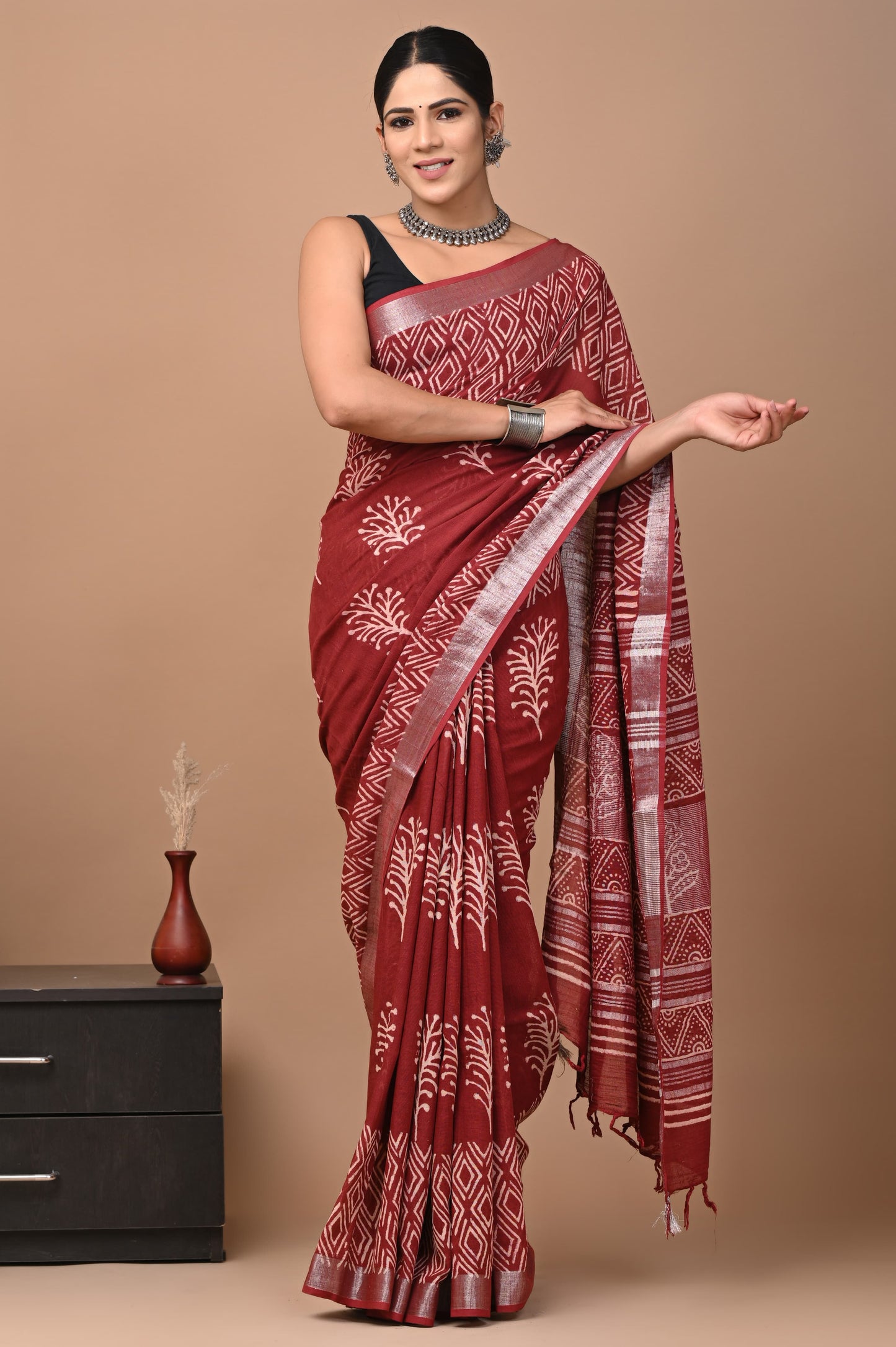 LINEN COTTON HAND BLOCK PRINTED SAREE -24