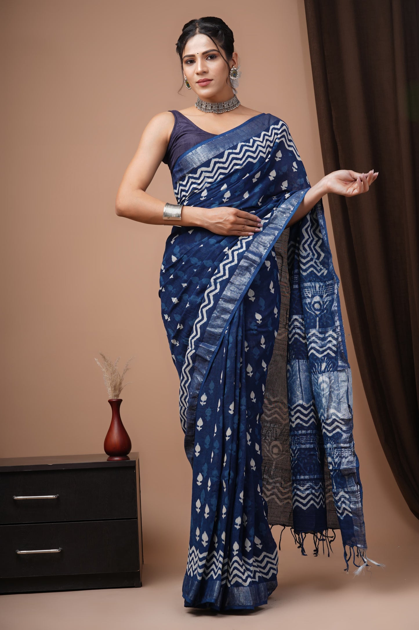 LINEN COTTON HAND BLOCK PRINTED SAREE -24