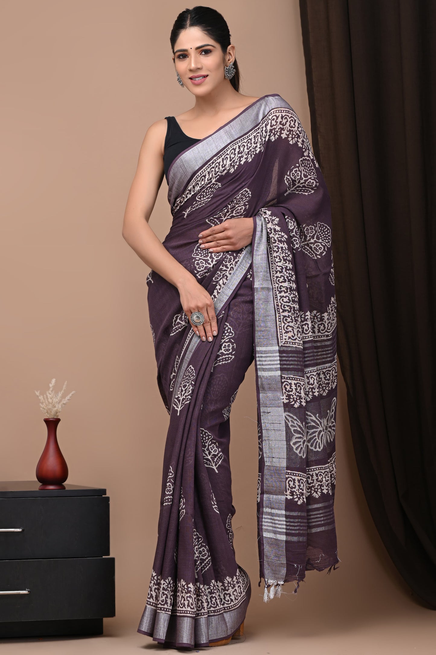 LINEN COTTON HAND BLOCK PRINTED SAREE -24