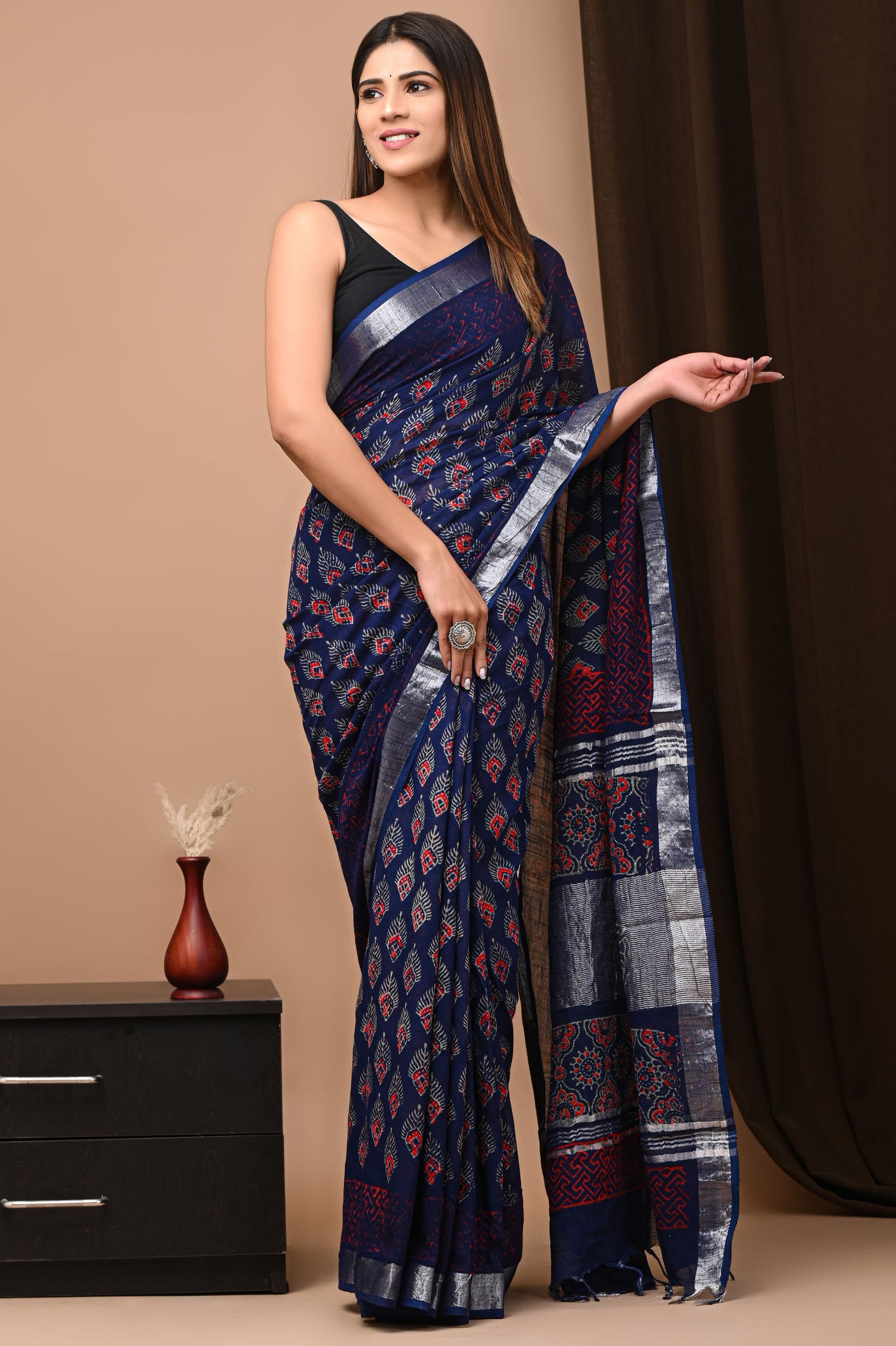 LINEN COTTON HAND BLOCK PRINTED SAREE -24