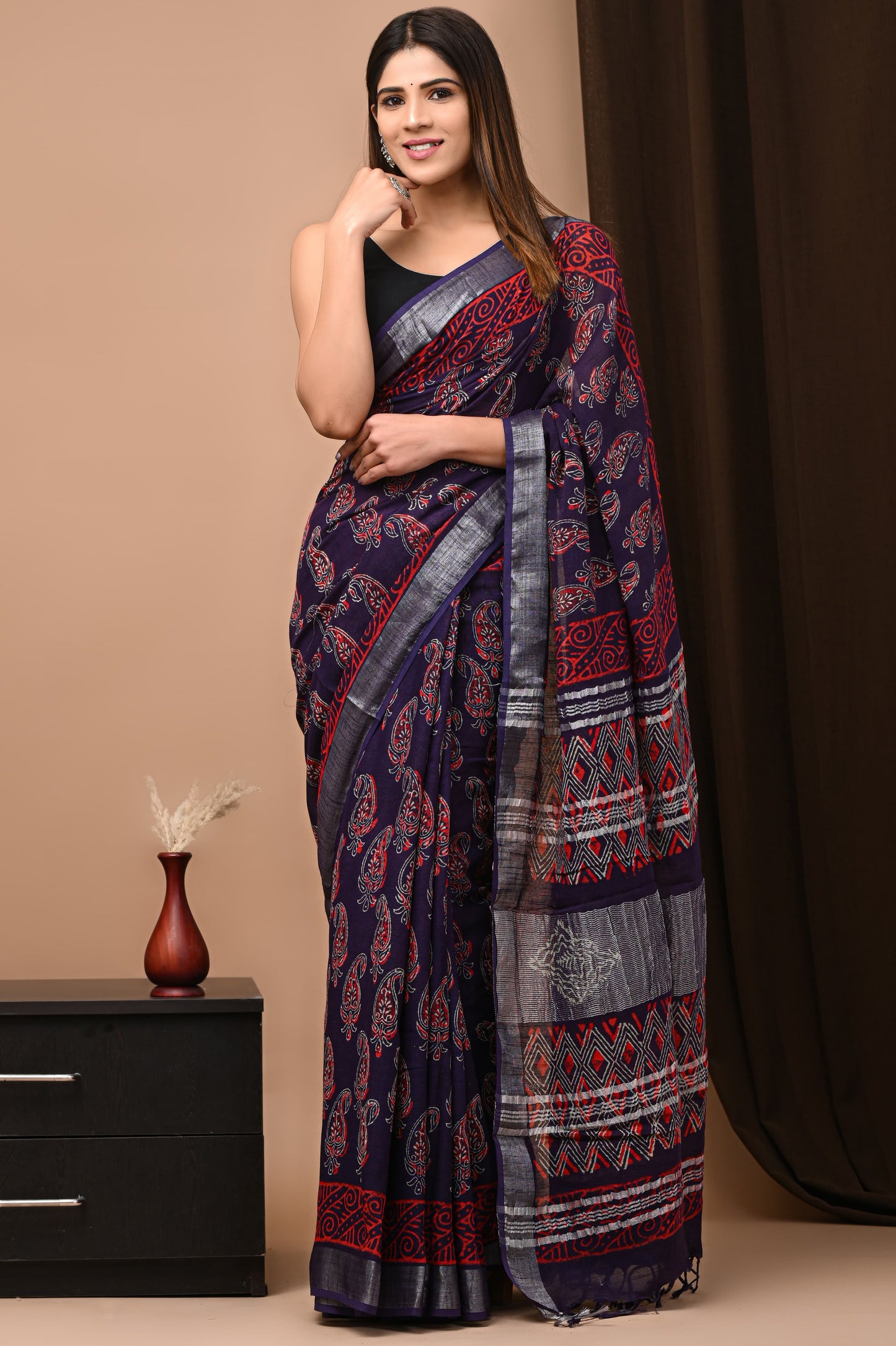 LINEN COTTON HAND BLOCK PRINTED SAREE -24