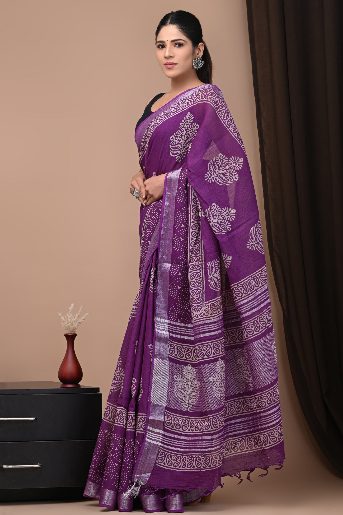 LINEN COTTON HAND BLOCK PRINTED SAREE -24