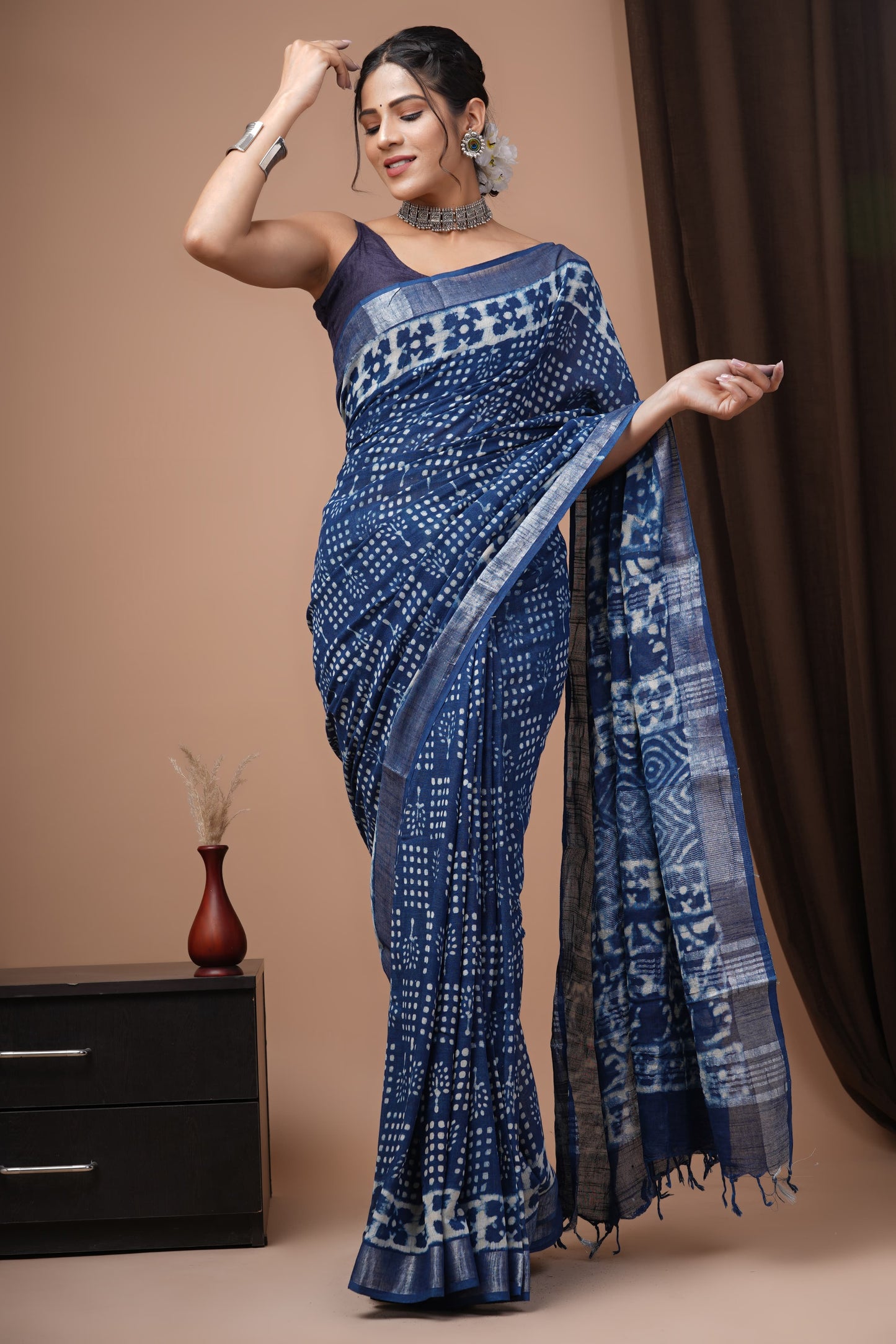 LINEN COTTON HAND BLOCK PRINTED SAREE -24