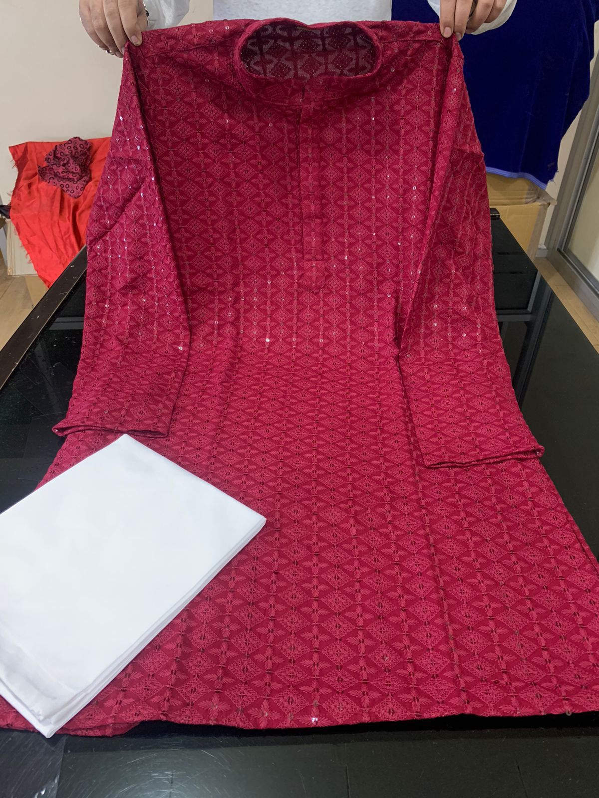 MANS REYON COTTON CHIKAN WORK KURTA PAYJAMA -18PCS SET