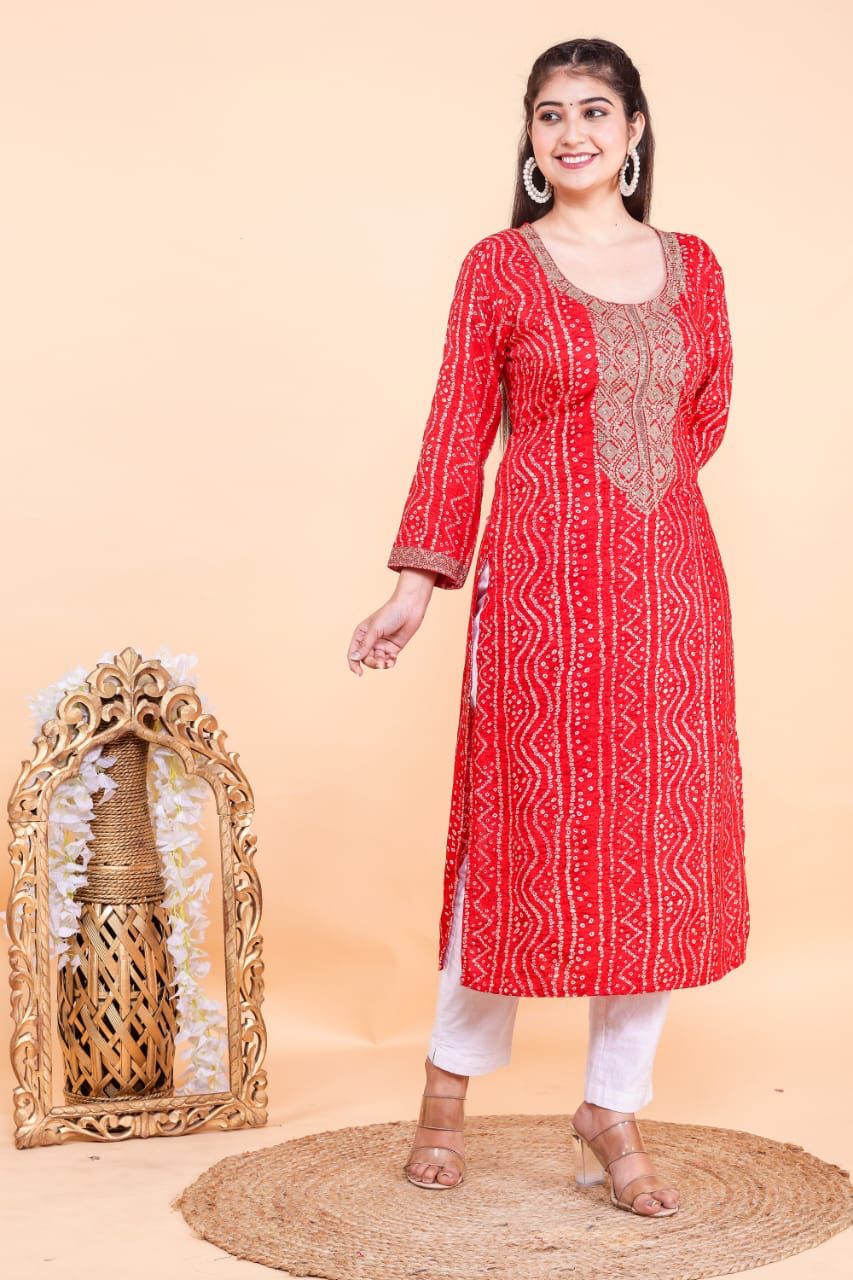 REYON BANDHNI PRINT ETHANIC LONG KURTI-32 PCS