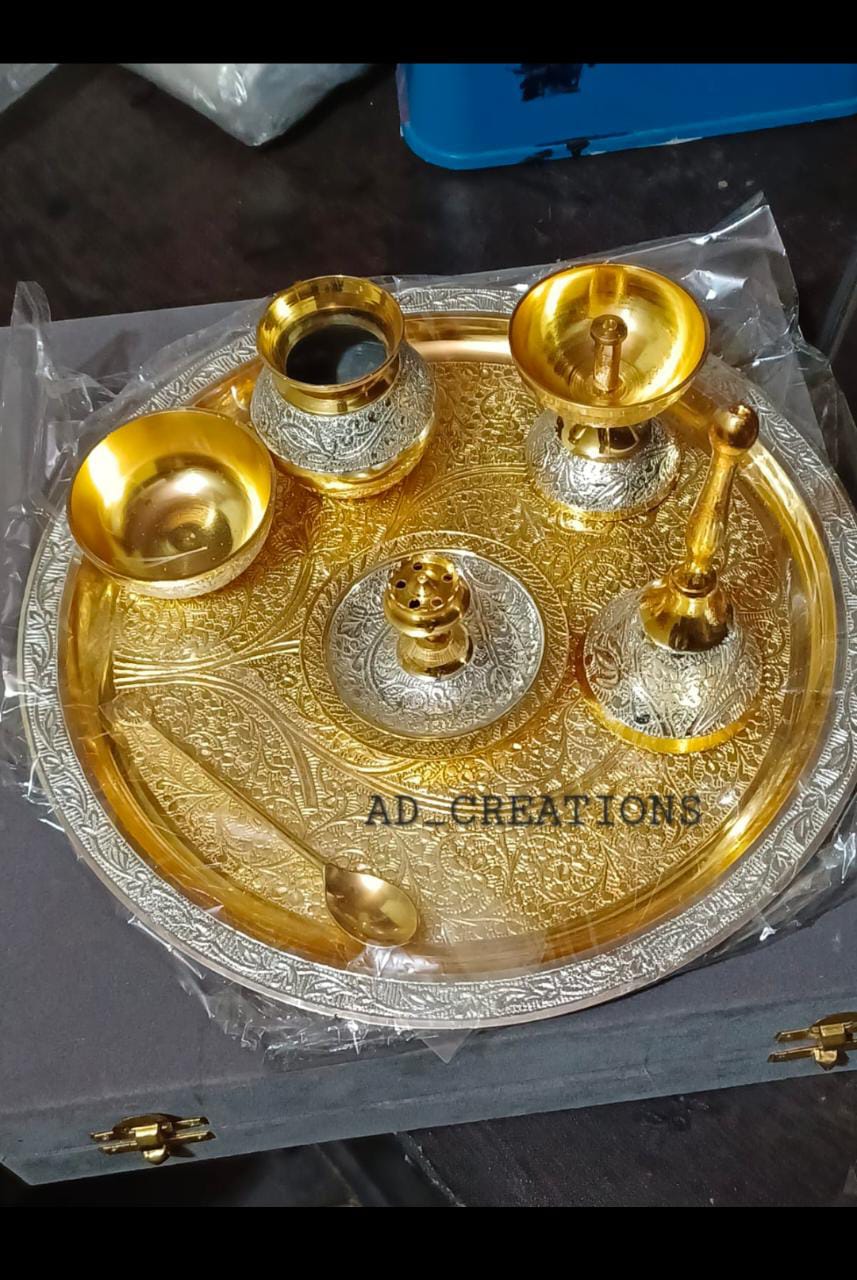 GERMAN SILVER HAND CRAFTED DIYA AND PUJATHALI -30