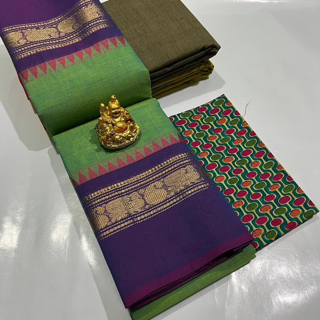 CHATINAD COTTON SAREE WITH KALAMKARI BLOUSE -24PCS