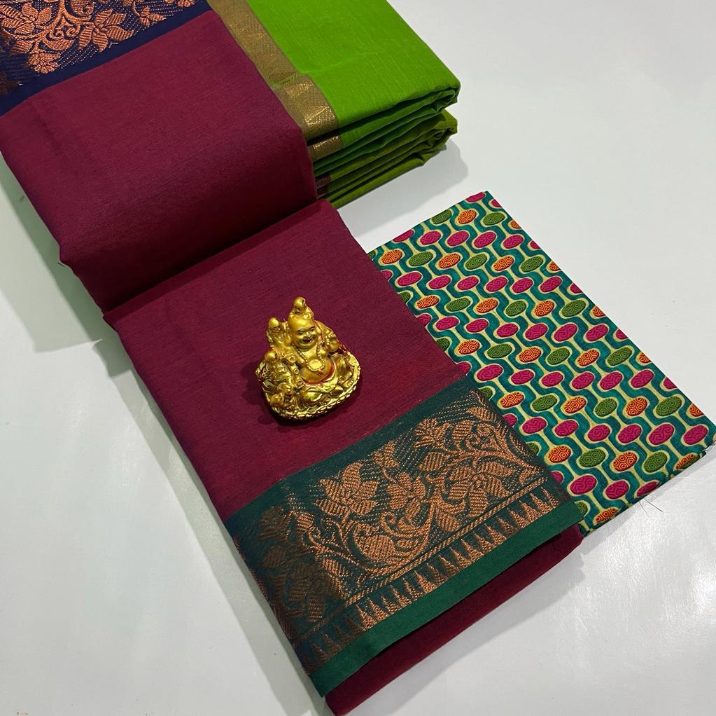 CHATINAD COTTON SAREE WITH KALAMKARI BLOUSE -24PCS
