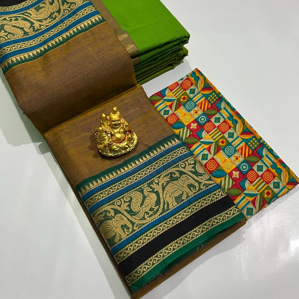 CHATINAD COTTON SAREE WITH KALAMKARI BLOUSE -24PCS