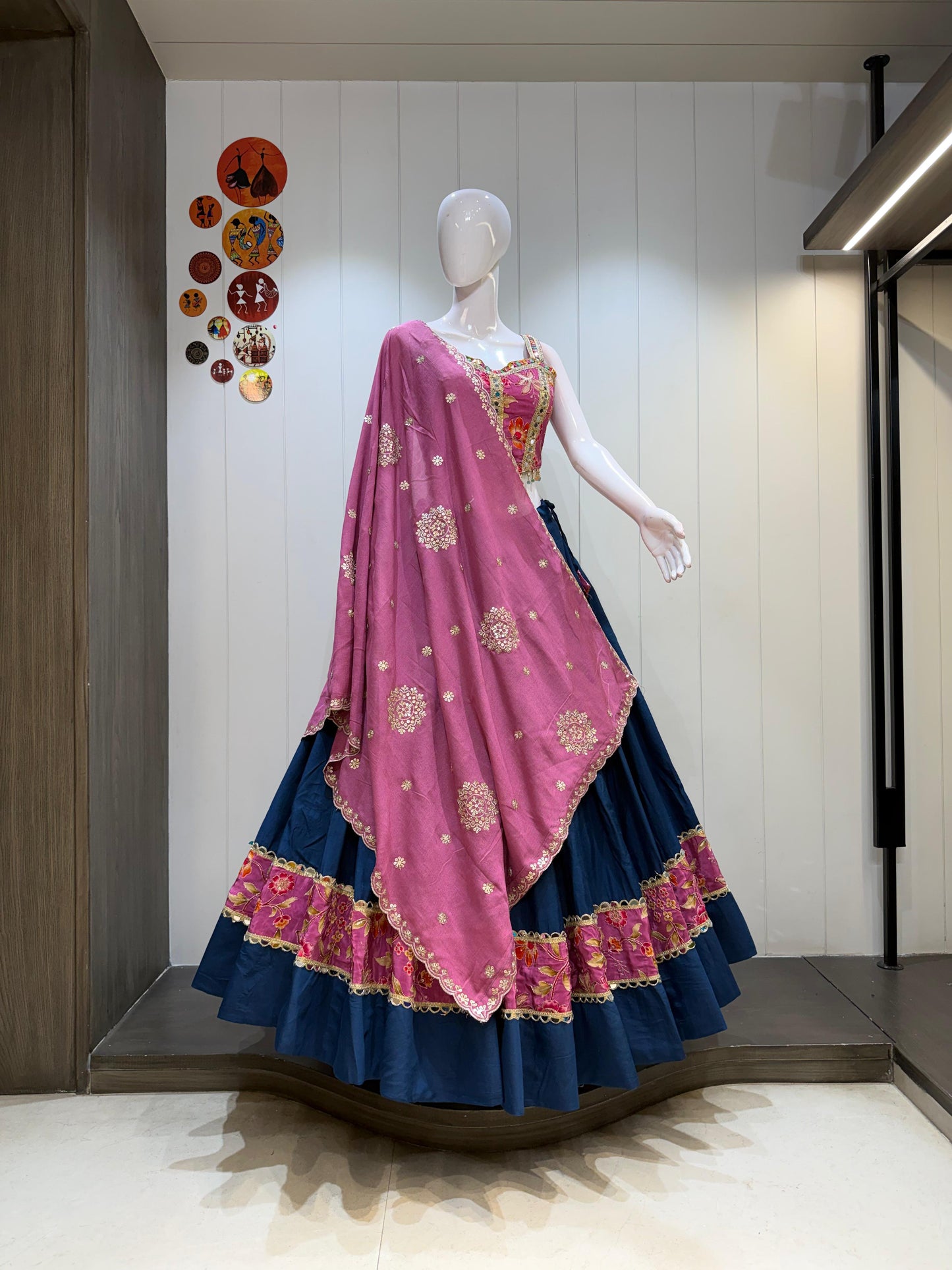 NAVRATRIWEAR LAHENGACHOLI SATINSILK AND ROMANSILK-12PCS SET