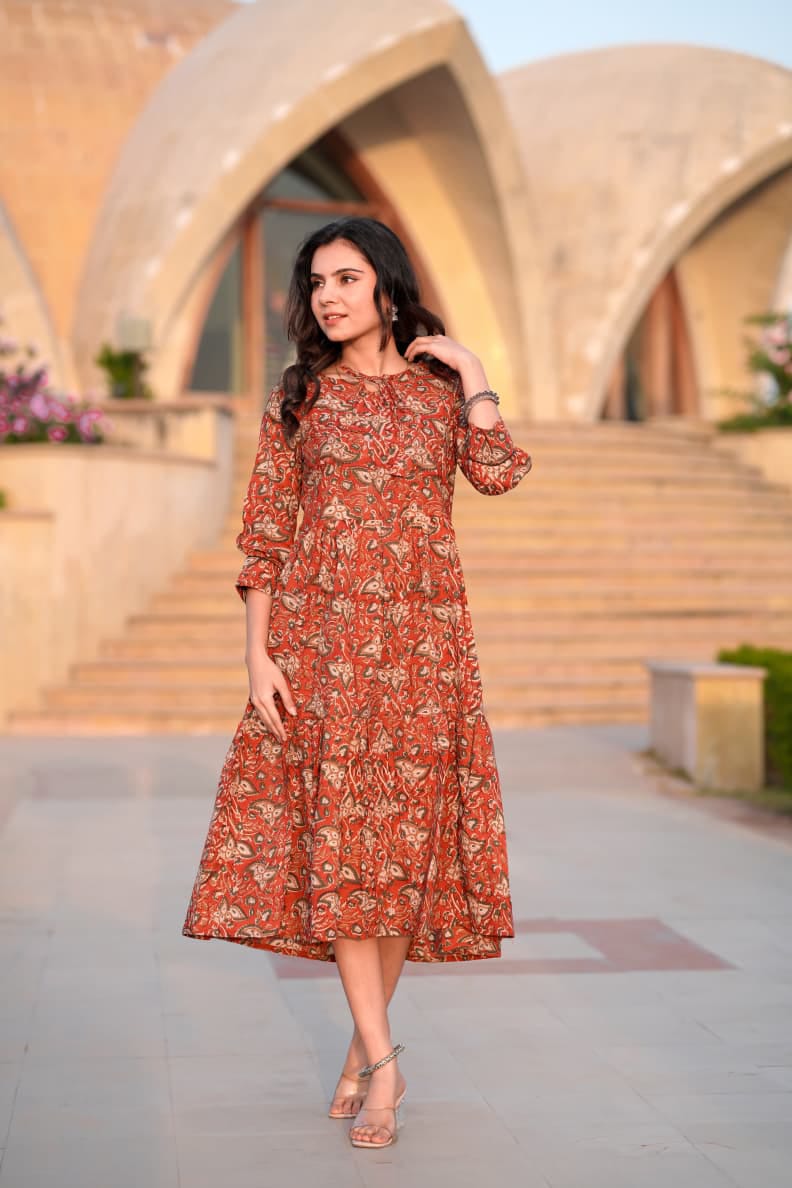 ONE PCS  BAGRU HAND BLOCK PRINTED MIDI STYLE FROCK-48PCS
