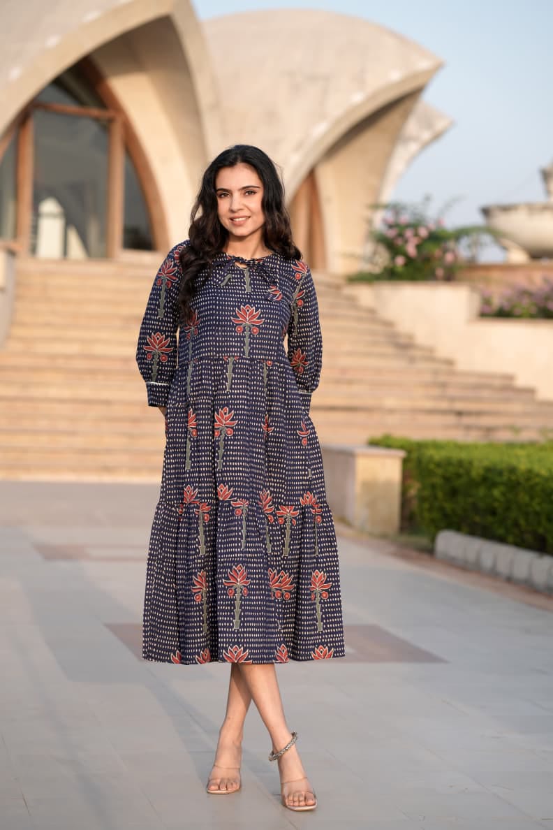 ONE PCS  BAGRU HAND BLOCK PRINTED MIDI STYLE FROCK-48PCS