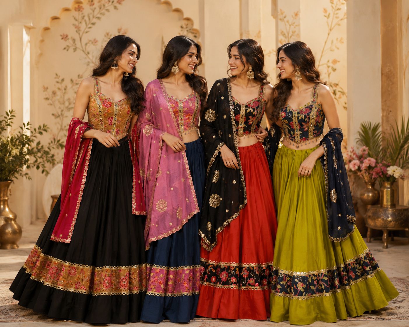NAVRATRIWEAR LAHENGACHOLI SATINSILK AND ROMANSILK-12PCS SET