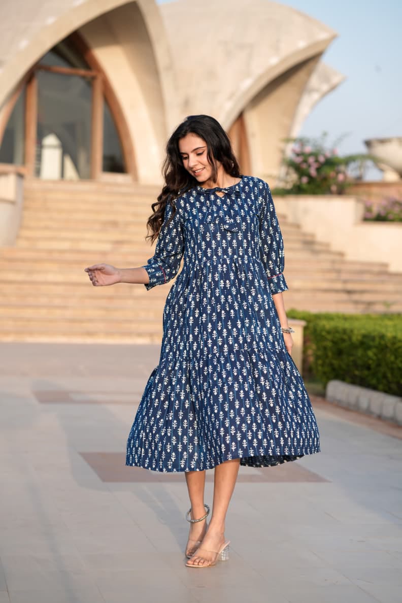 ONE PCS  BAGRU HAND BLOCK PRINTED MIDI STYLE FROCK-48PCS