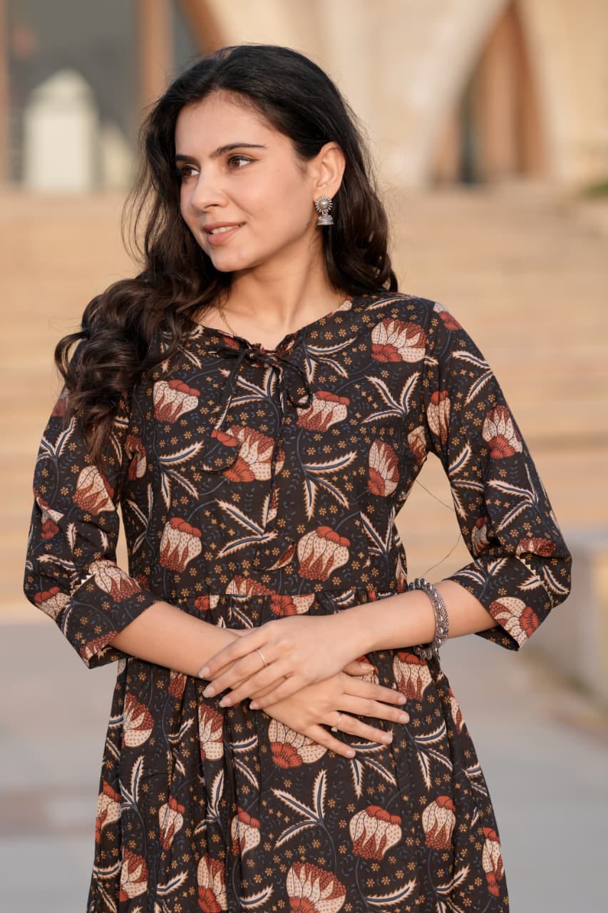 ONE PCS  BAGRU HAND BLOCK PRINTED MIDI STYLE FROCK-48PCS