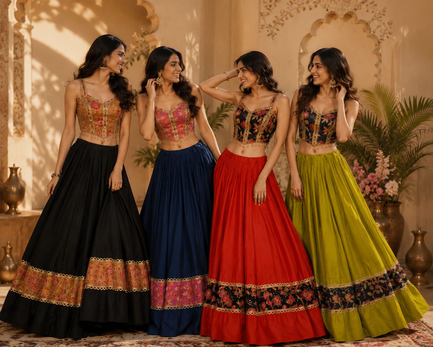 NAVRATRIWEAR LAHENGACHOLI SATINSILK AND ROMANSILK-12PCS SET