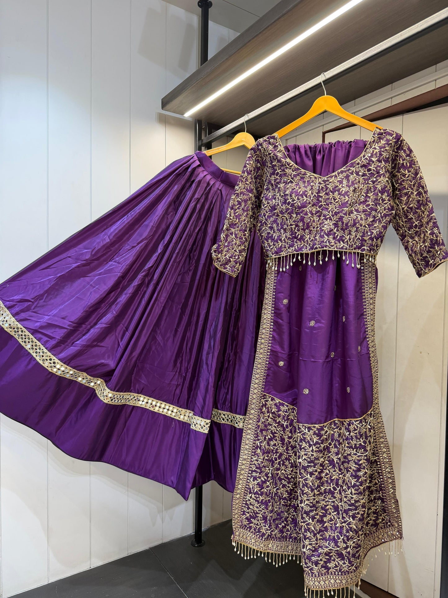 NAVRATRIWEAR LAHENGACHOLI SATINSILK AND ROMANSILK-12PCS SET