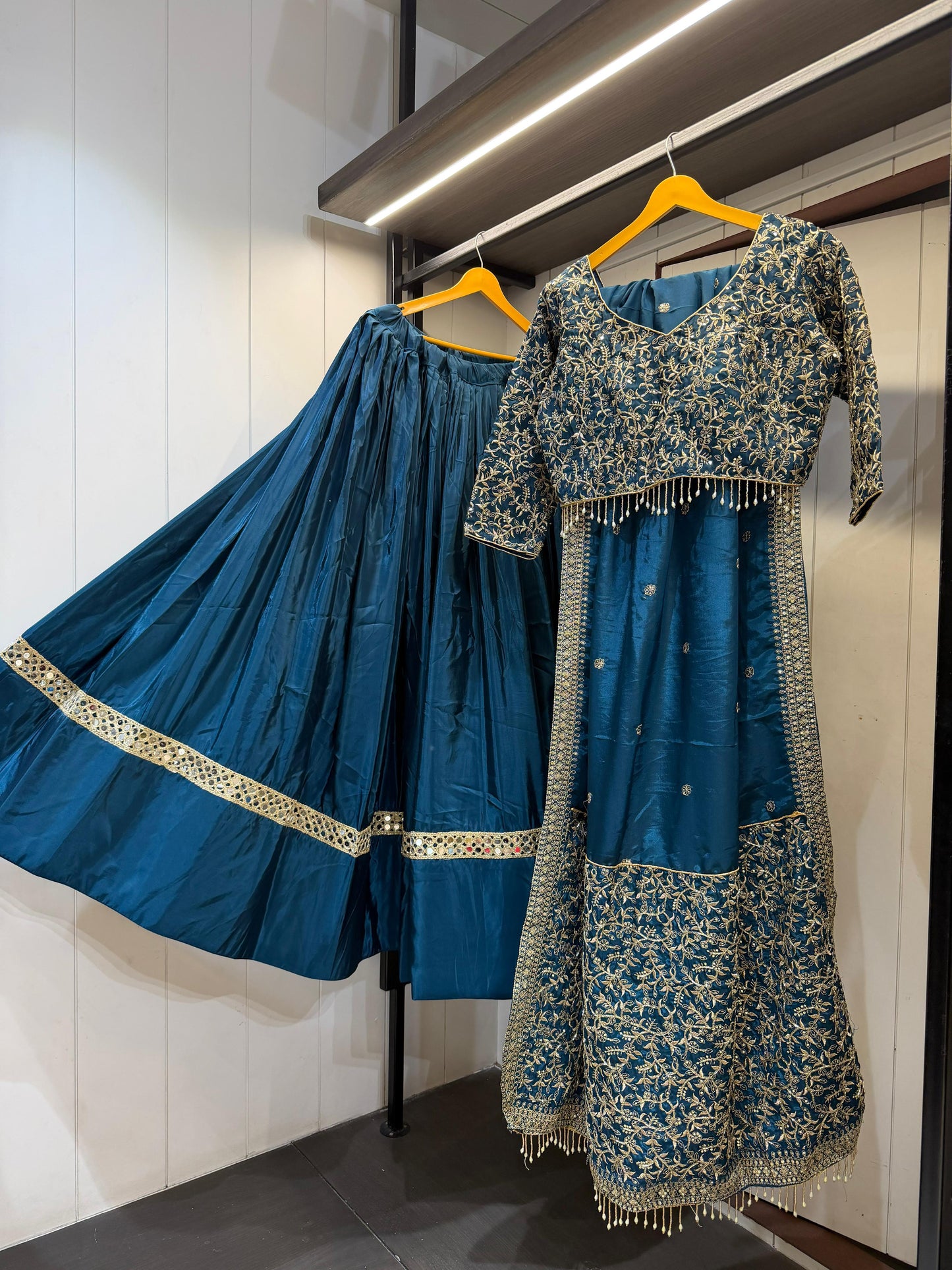 NAVRATRIWEAR LAHENGACHOLI SATINSILK AND ROMANSILK-12PCS SET