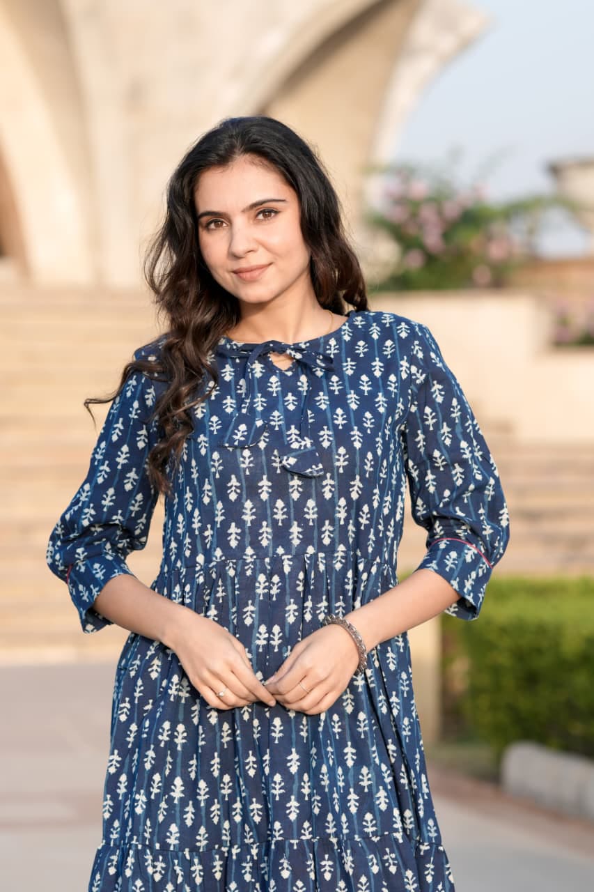 ONE PCS  BAGRU HAND BLOCK PRINTED MIDI STYLE FROCK-48PCS