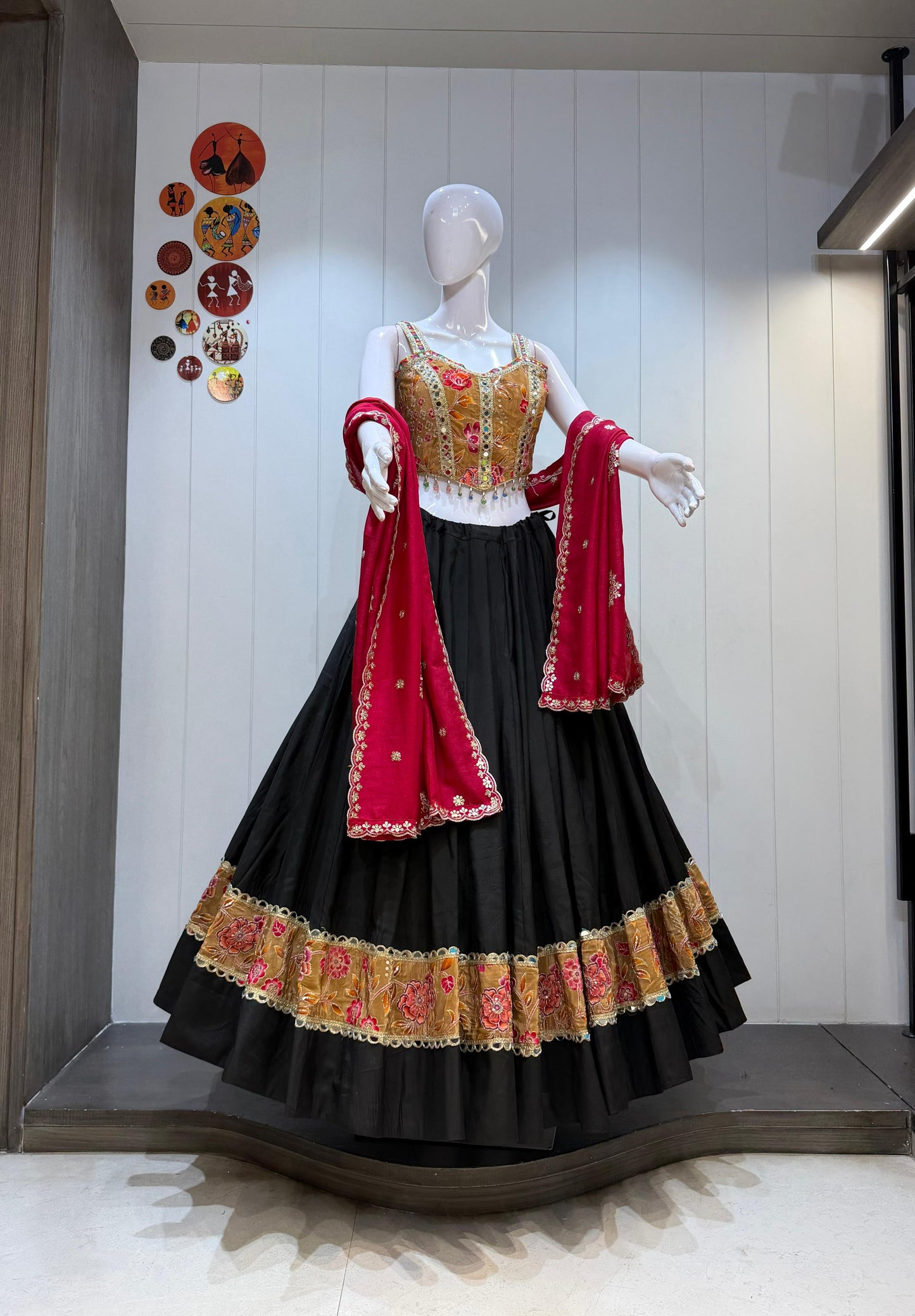 NAVRATRIWEAR LAHENGACHOLI SATINSILK AND ROMANSILK-12PCS SET