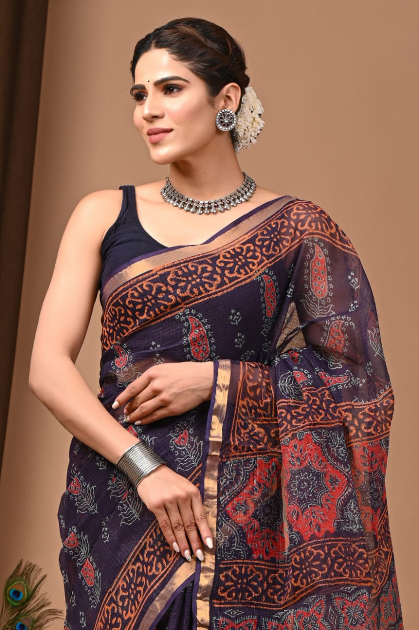SAREE BAGRU HAND BLOCK PRINTED KOTA DORIYA-MOQ 24